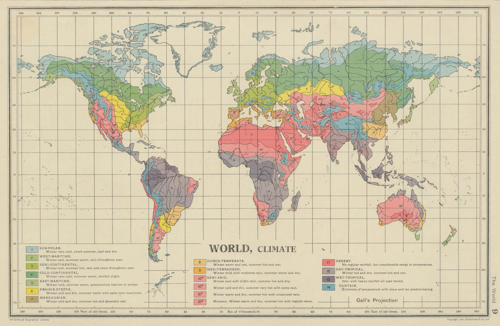 WORLD CLIMATE. maritime continental desert tropical &c. BARTHOLOMEW 1947 map